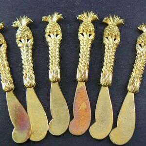 VINTAGE JANIS 24K GOLD-PLATED PINEAPPLE SET OF 6 CHEESE SPREADER by Tancraft